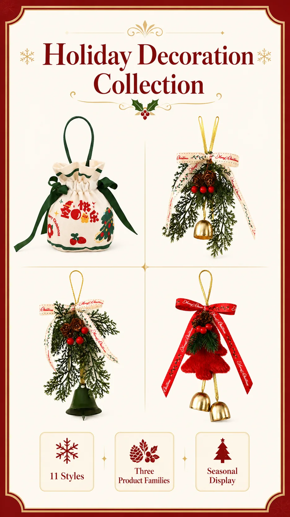 Velvet Bow and Bell Christmas Door Hanging product detail 1
