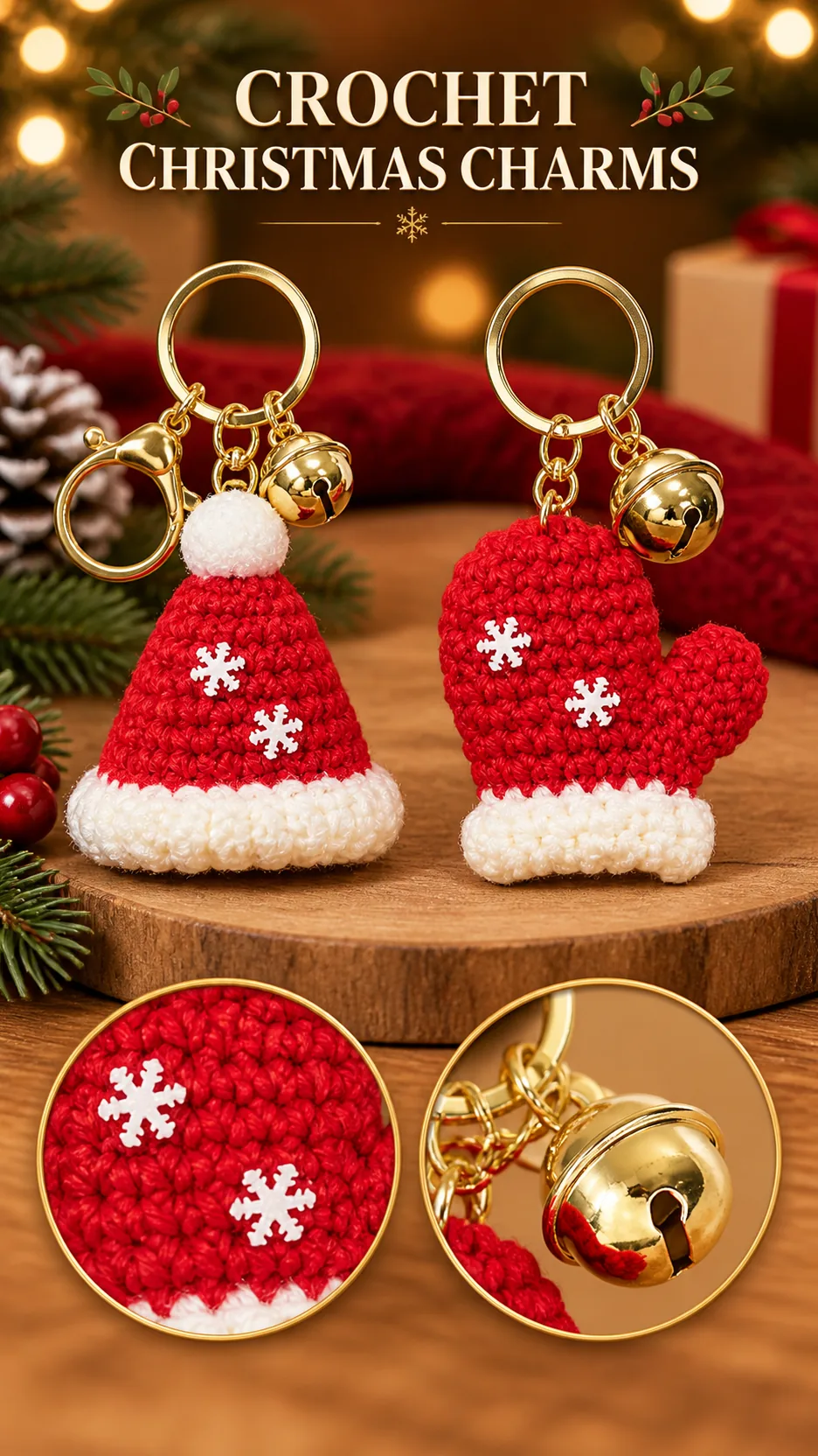 Hand-Crocheted Christmas Hat and Mitten Keychains product detail 1