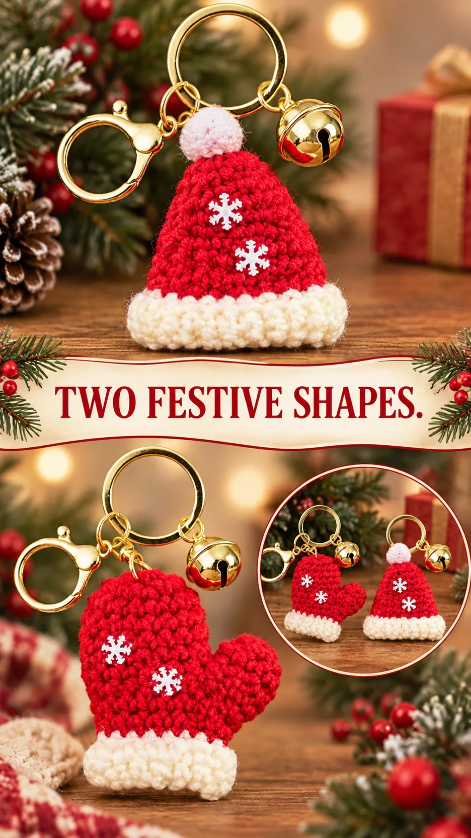 Hand-Crocheted Christmas Hat and Mitten Keychains product detail 3
