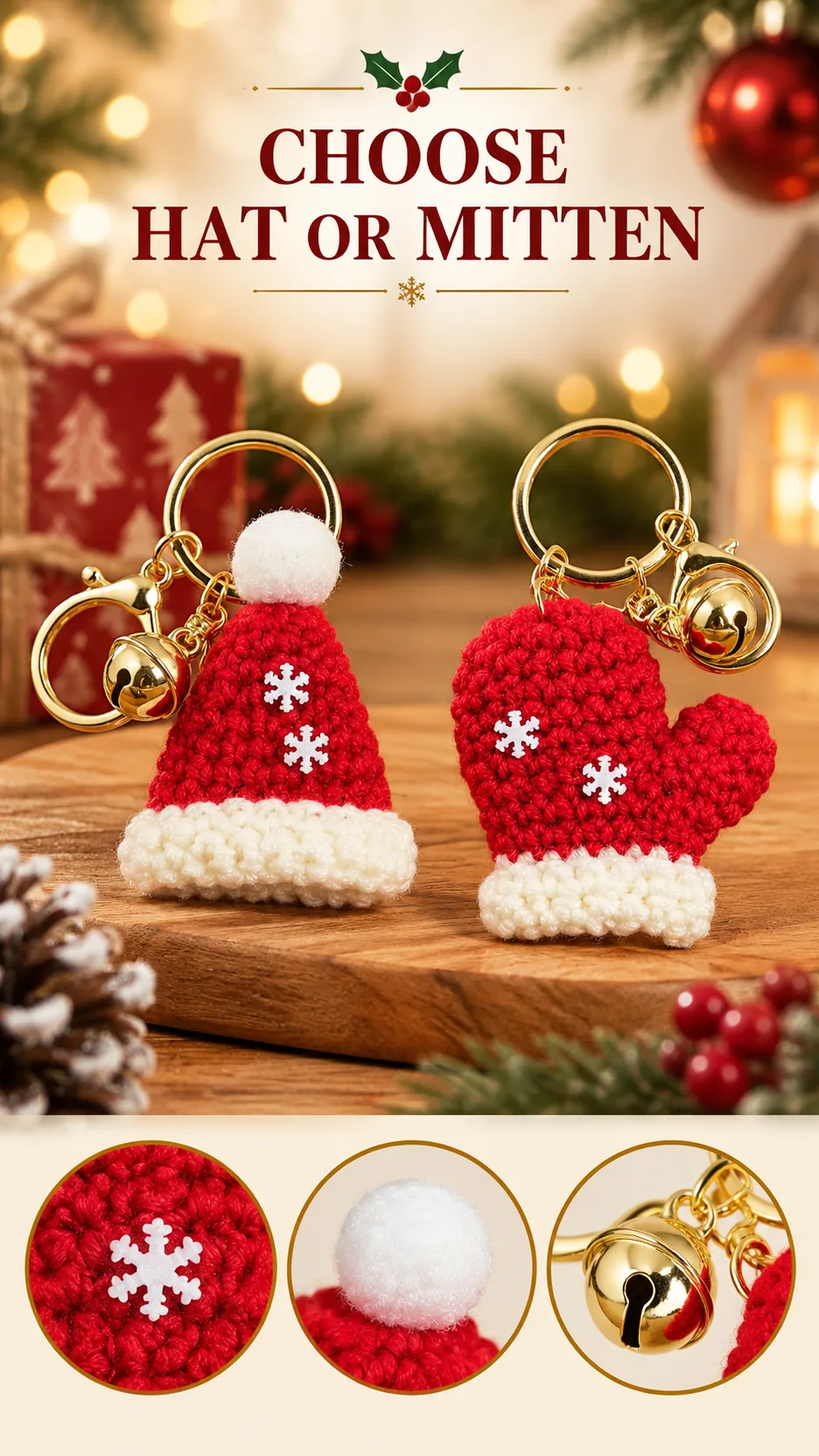 Hand-Crocheted Christmas Hat and Mitten Keychains product detail 8
