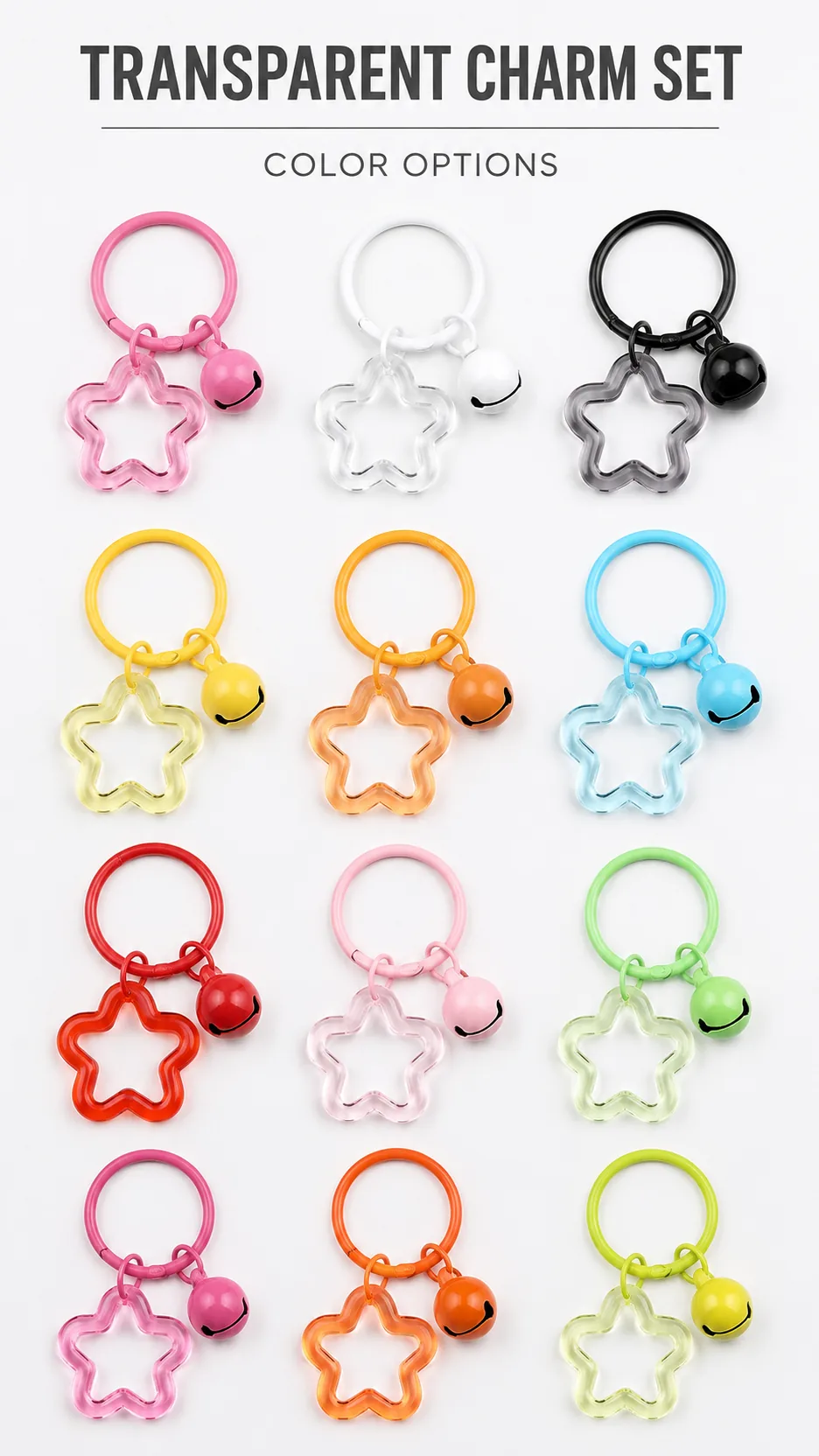 Transparent Acrylic Star Shape Keychain with Bell and Book Ring DIY Craft Accessory product detail 1
