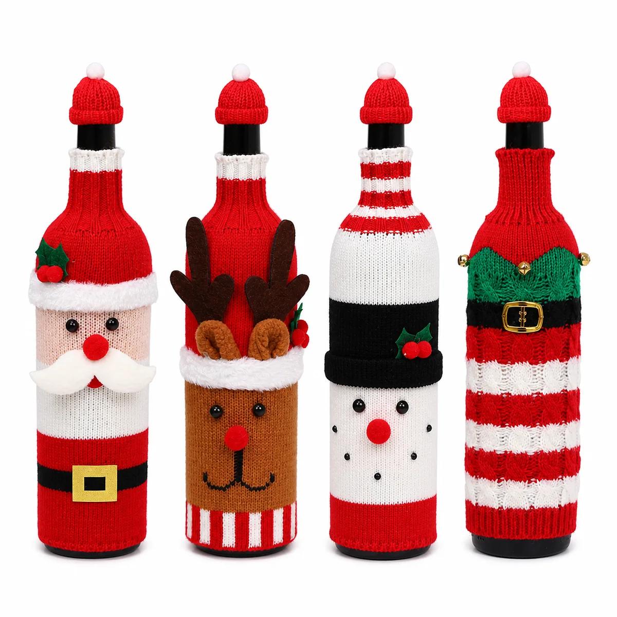 Christmas Knitted Wine Bottle Cover Set with Mini Hat Santa Reindeer Snowman Decor
