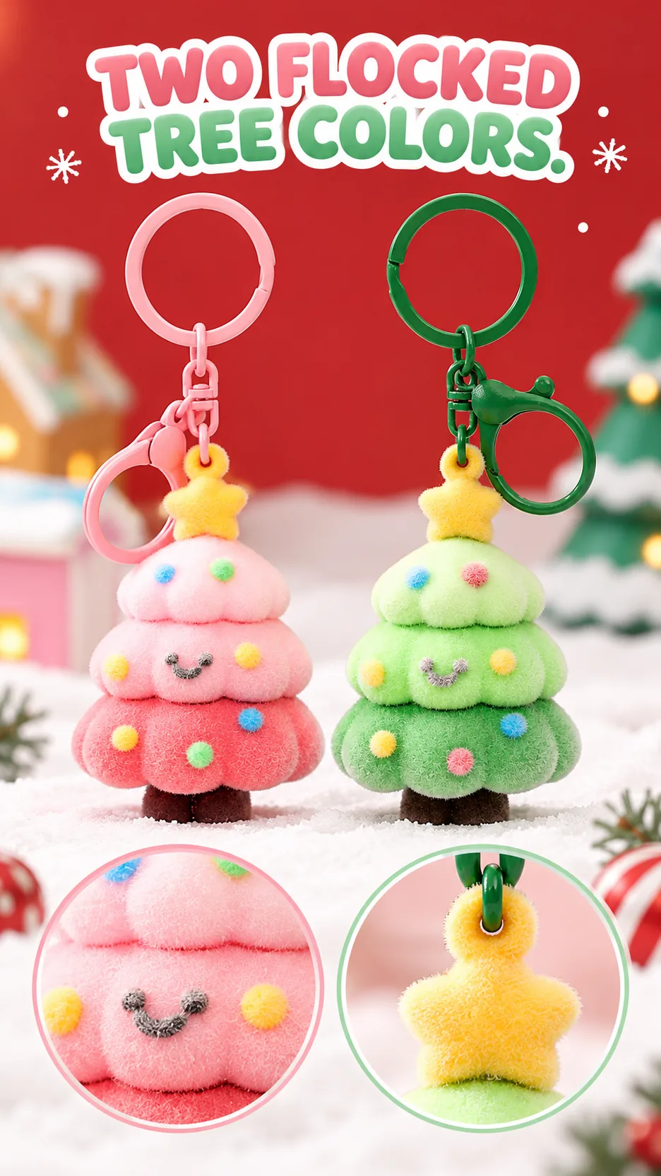Flocked Christmas Tree Keychains with Bell Charms product detail 1