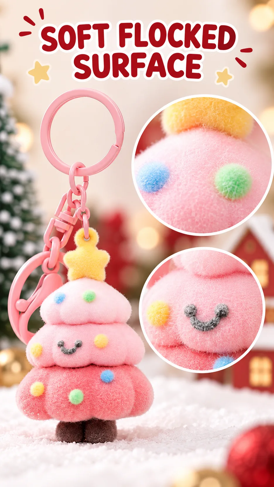 Flocked Christmas Tree Keychains with Bell Charms product detail 2