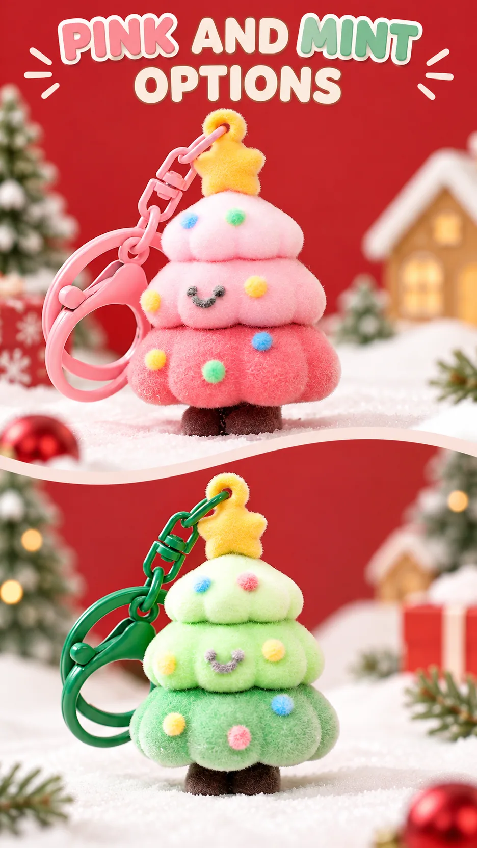 Flocked Christmas Tree Keychains with Bell Charms product detail 3