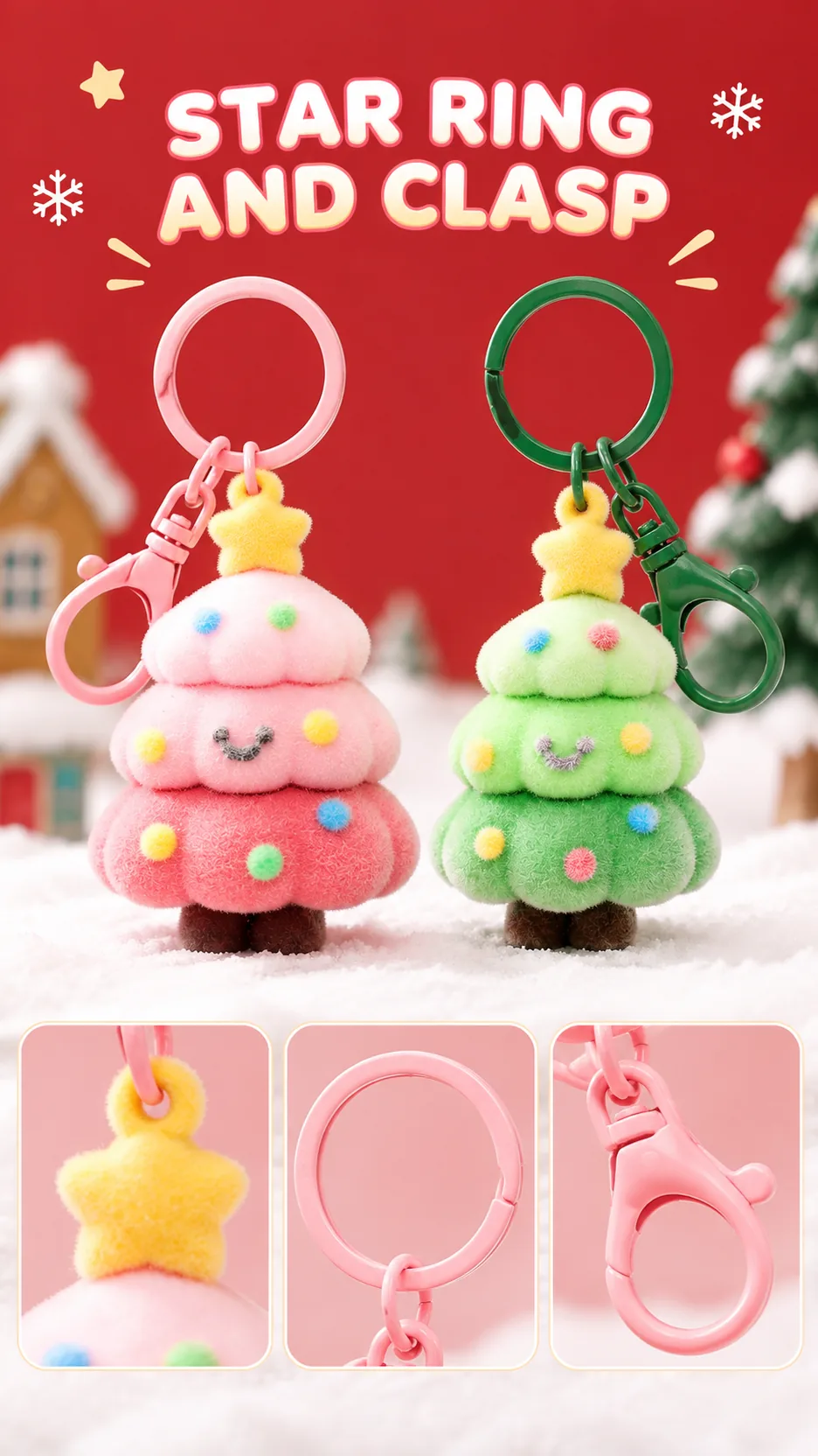 Flocked Christmas Tree Keychains with Bell Charms product detail 4