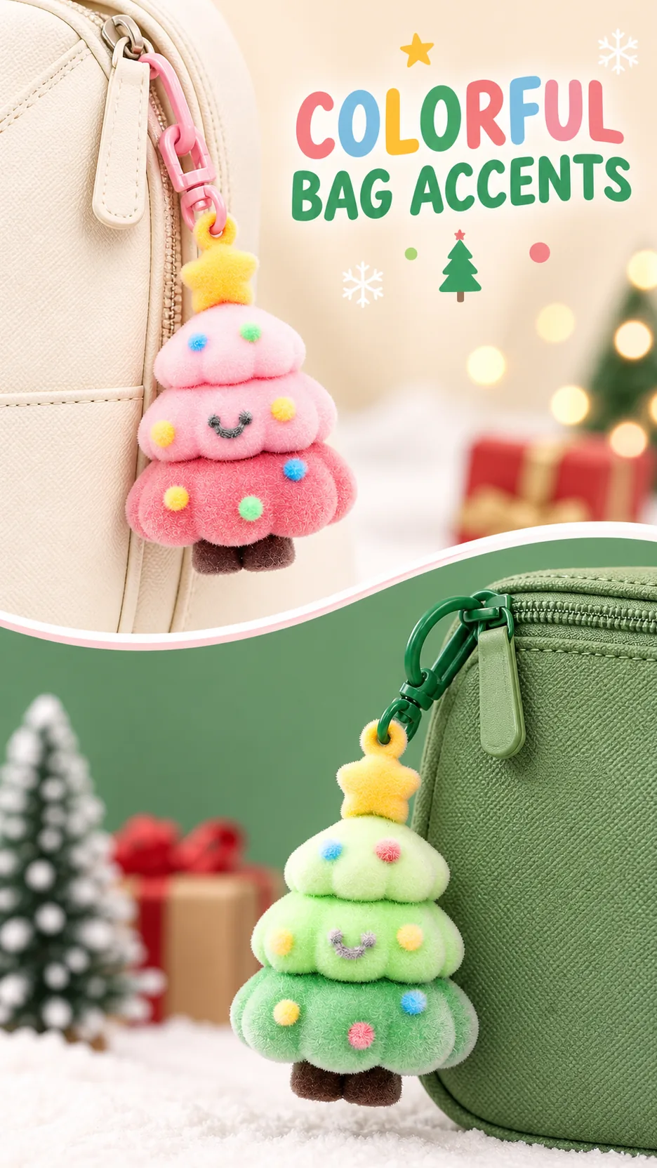 Flocked Christmas Tree Keychains with Bell Charms product detail 6