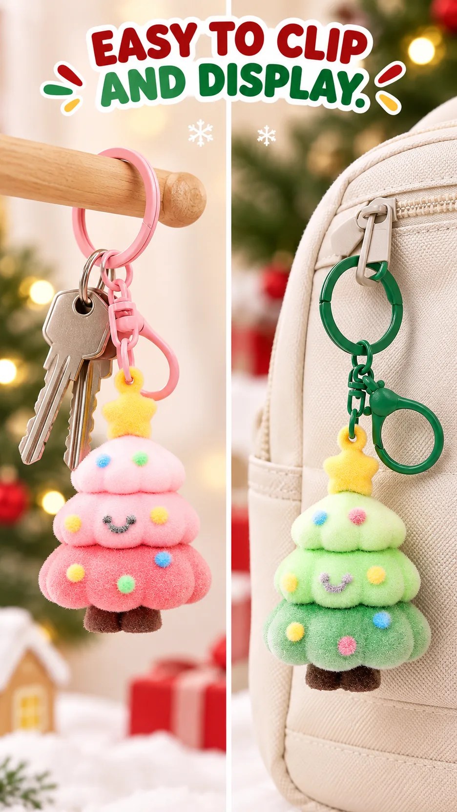 Flocked Christmas Tree Keychains with Bell Charms product detail 7