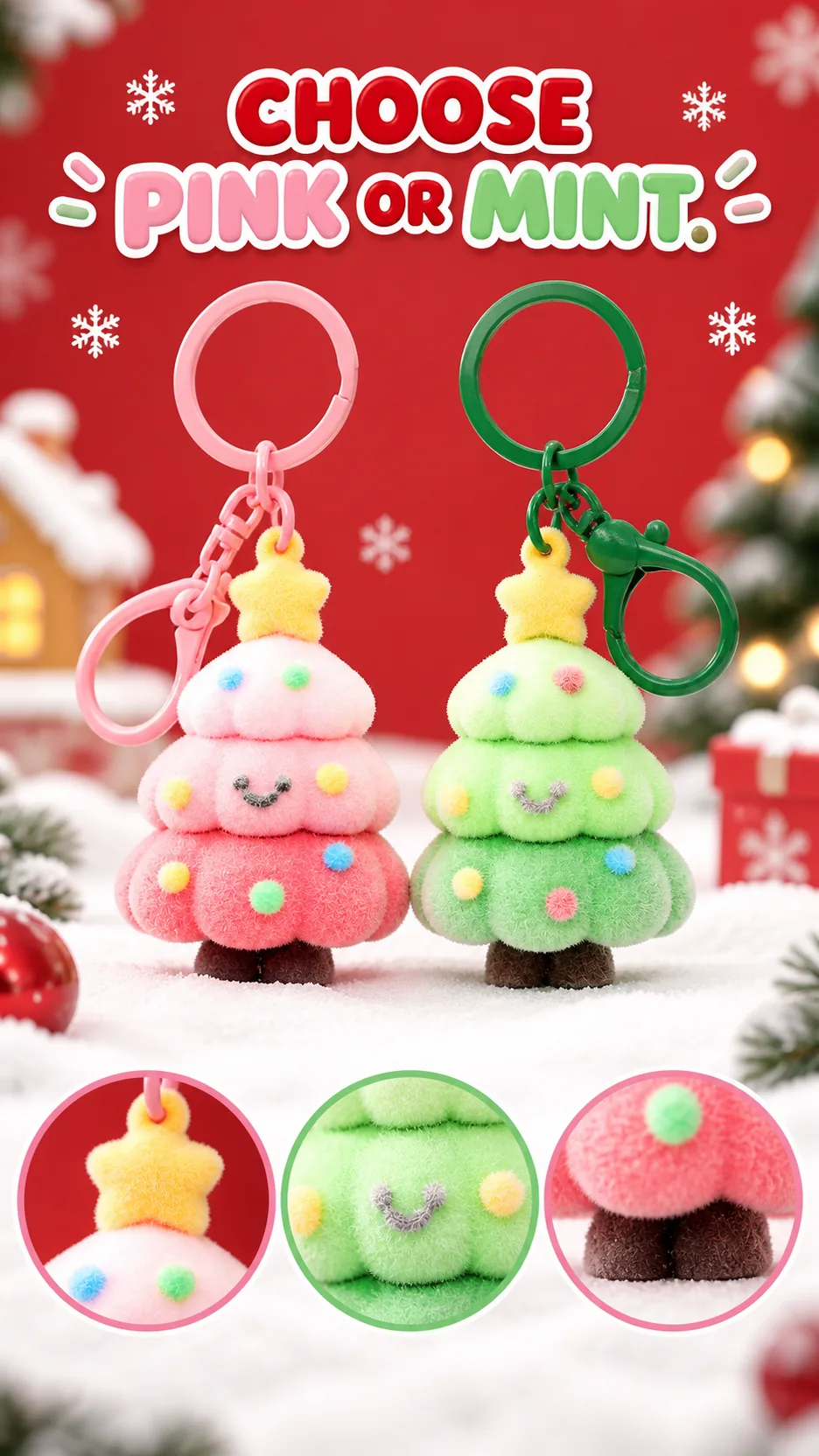 Flocked Christmas Tree Keychains with Bell Charms product detail 8