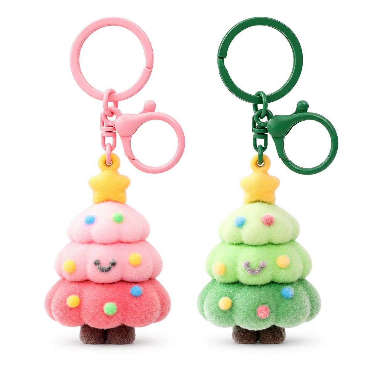 Flocked Christmas Tree Keychains with Bell Charms