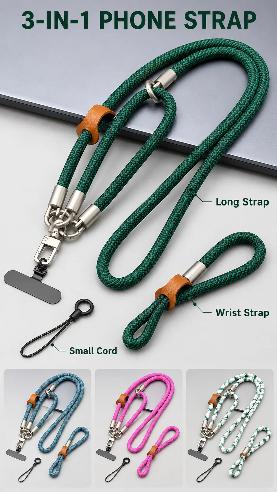 3-in-1 Removable Nylon Phone Lanyard Crossbody Wrist Strap with Metal Clip product detail 1