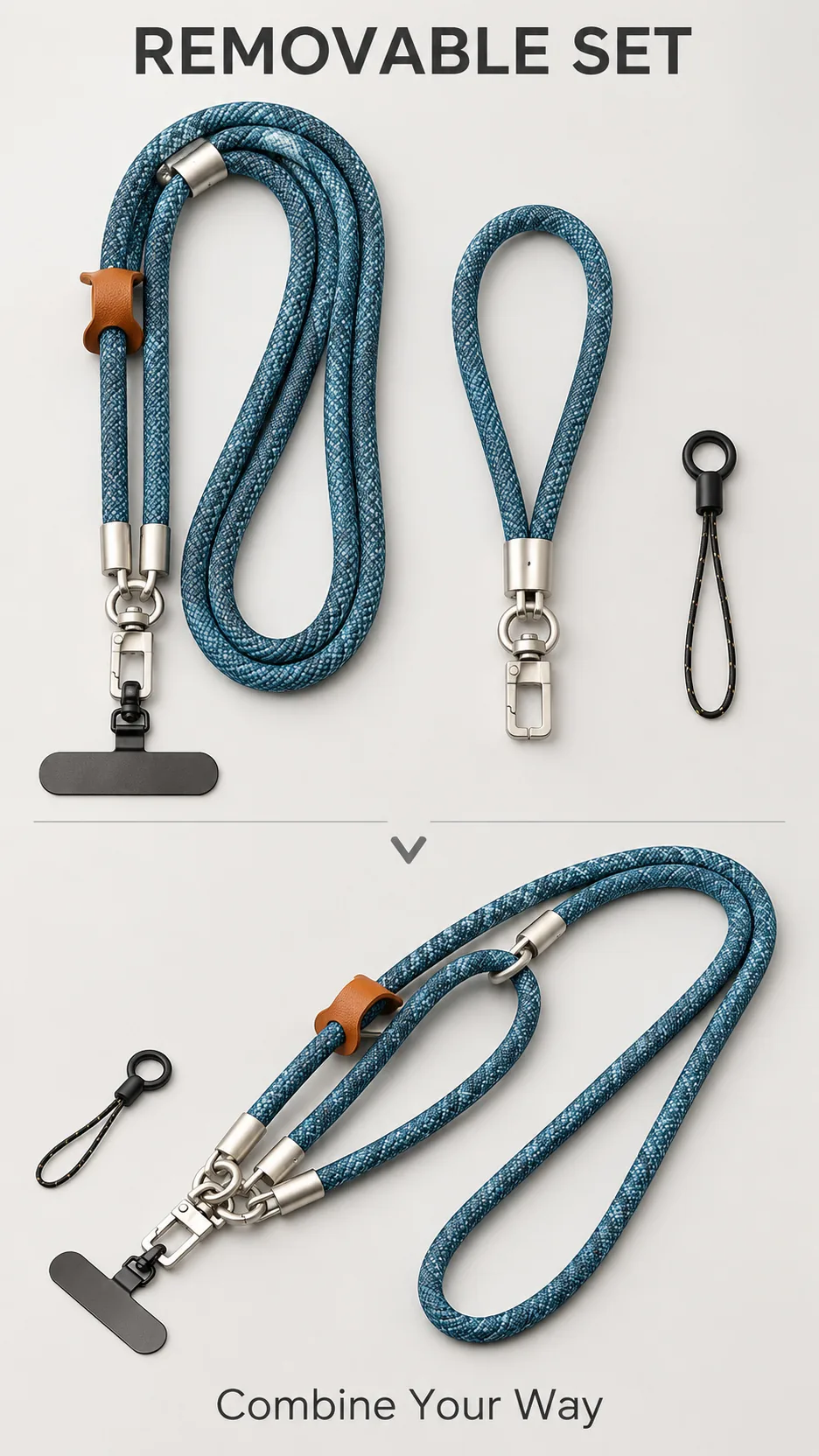 3-in-1 Removable Nylon Phone Lanyard Crossbody Wrist Strap with Metal Clip product detail 2