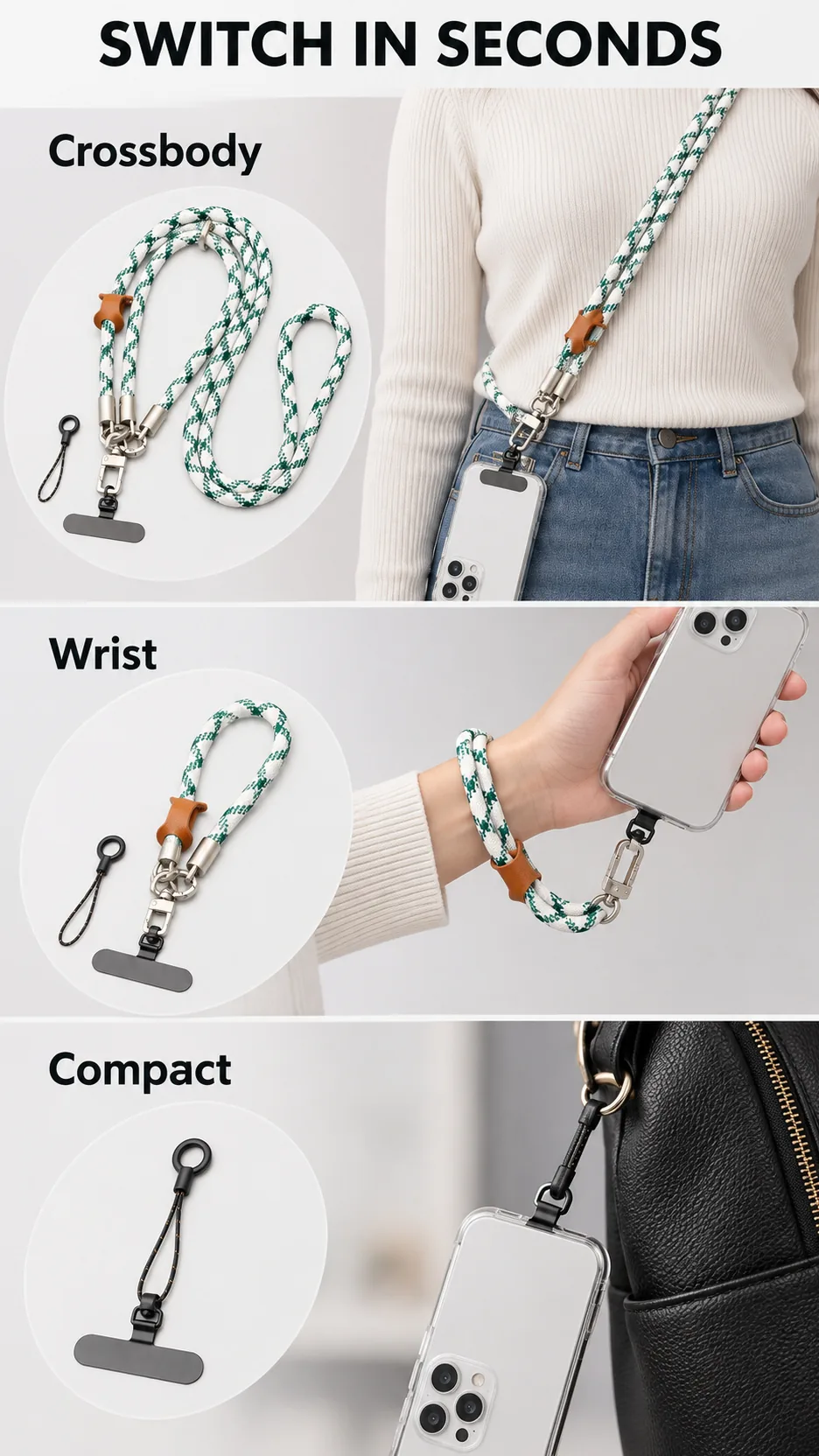 3-in-1 Removable Nylon Phone Lanyard Crossbody Wrist Strap with Metal Clip product detail 8