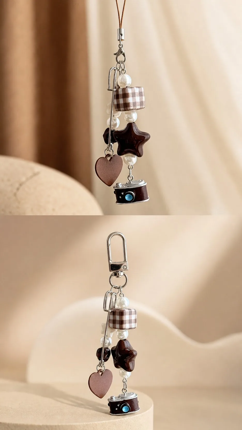 Retro Brown Camera Star Beaded Bag Charm Phone Lanyard Keychain product detail 1