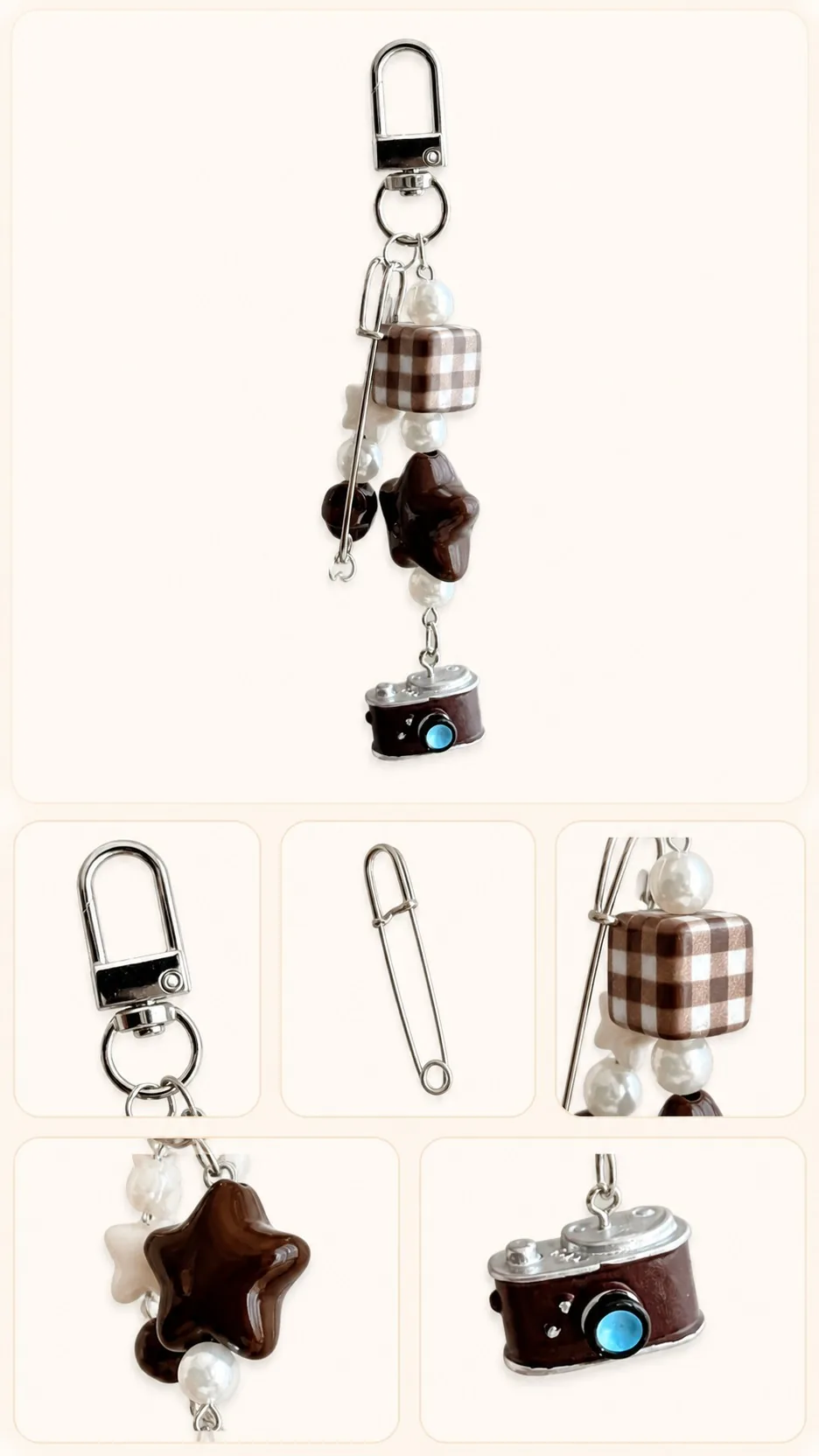 Retro Brown Camera Star Beaded Bag Charm Phone Lanyard Keychain product detail 2