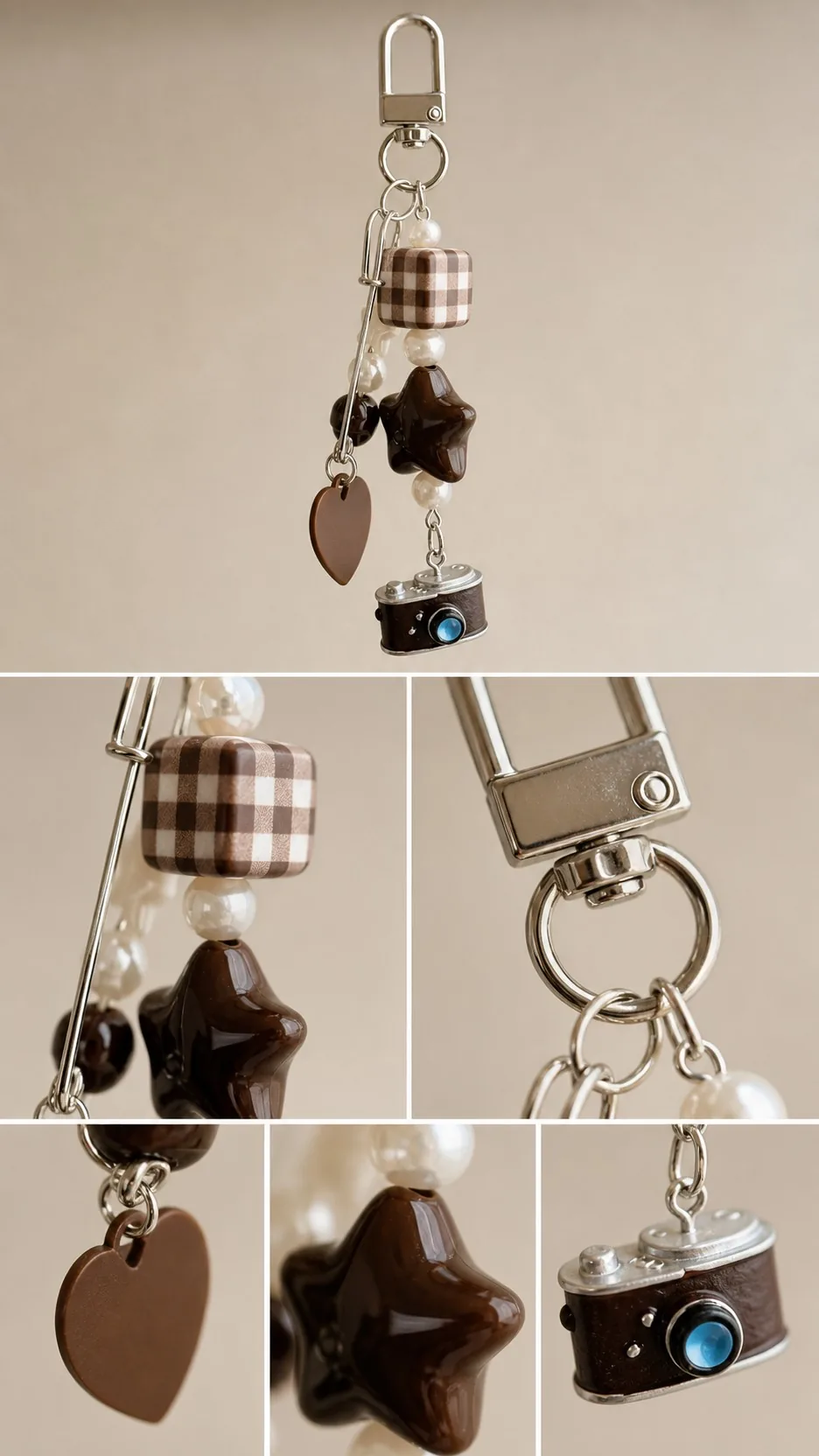 Retro Brown Camera Star Beaded Bag Charm Phone Lanyard Keychain product detail 3