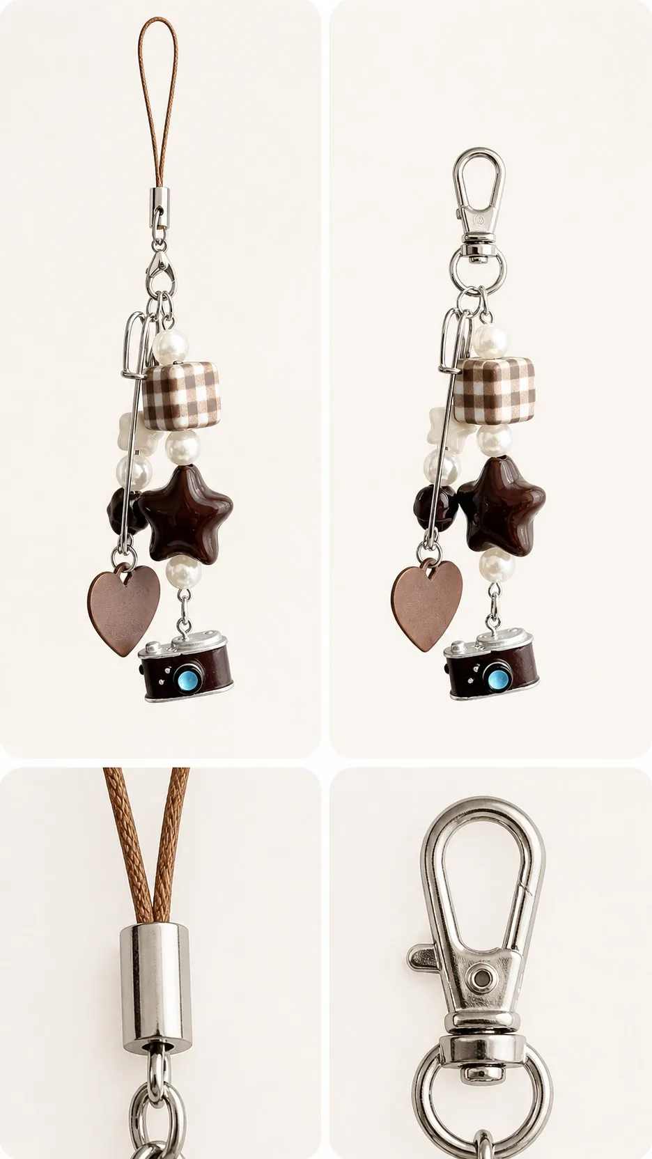 Retro Brown Camera Star Beaded Bag Charm Phone Lanyard Keychain product detail 5