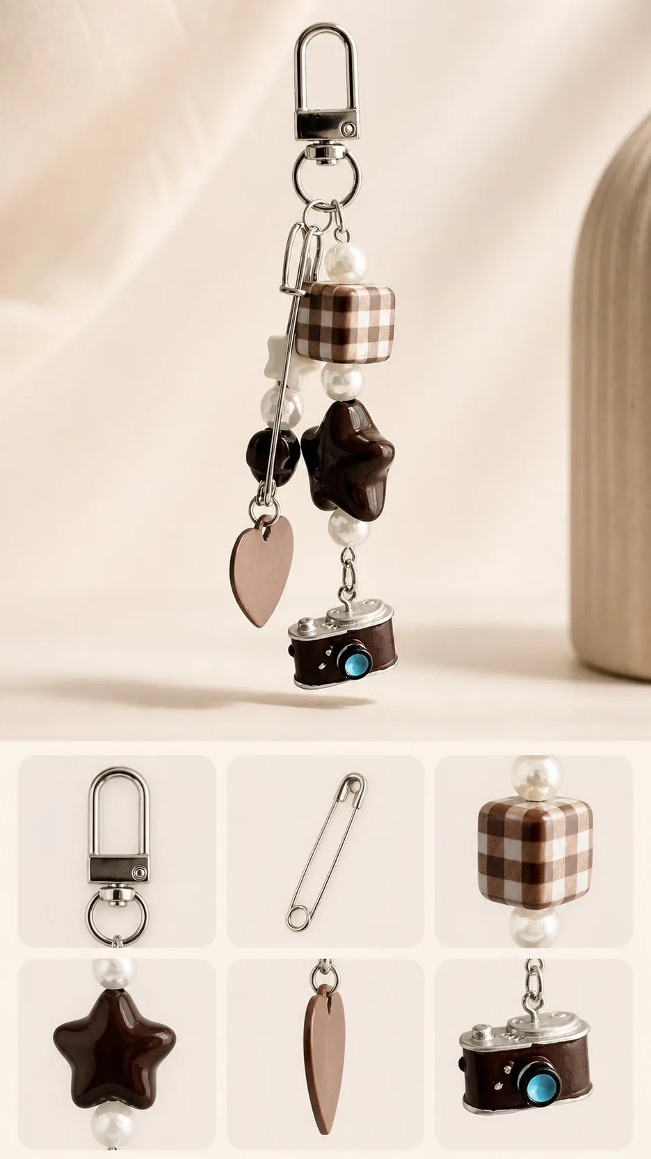 Retro Brown Camera Star Beaded Bag Charm Phone Lanyard Keychain product detail 8