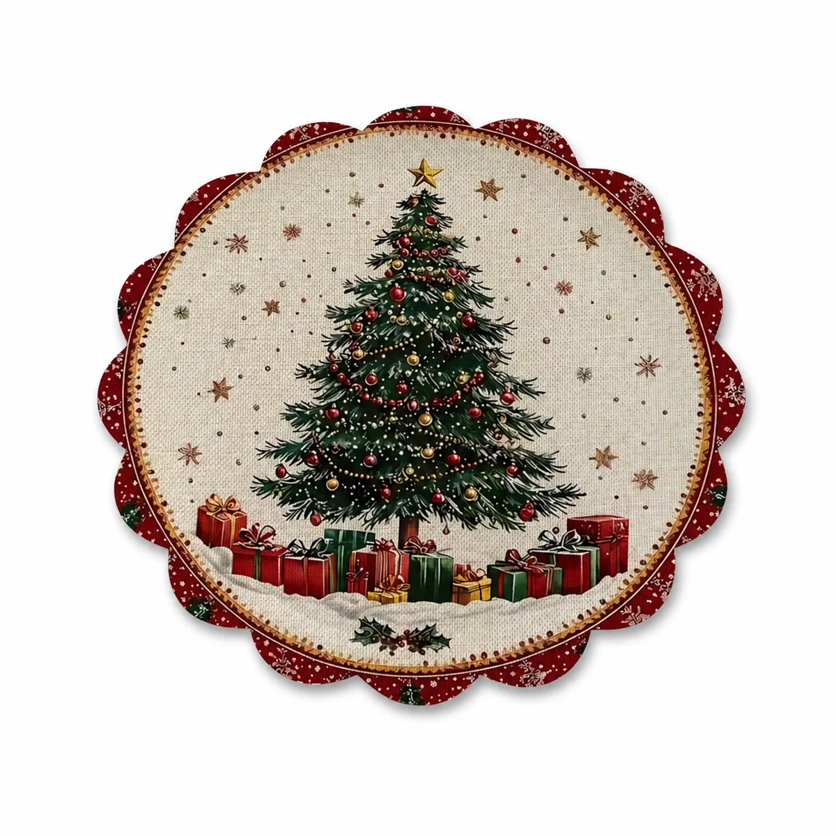 2026 New Christmas Placemat Round Scalloped Edge Heat Insulation Table Mat Holiday Party Decoration