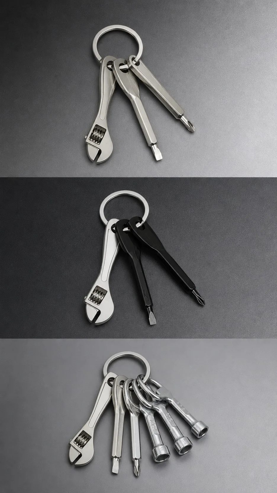 Mini Portable Metal Keychain Tool Set with Adjustable Wrench and Screwdriver Bits product detail 1