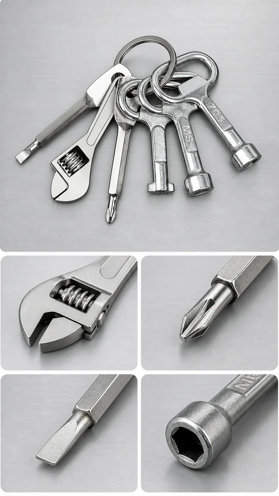 Mini Portable Metal Keychain Tool Set with Adjustable Wrench and Screwdriver Bits product detail 8
